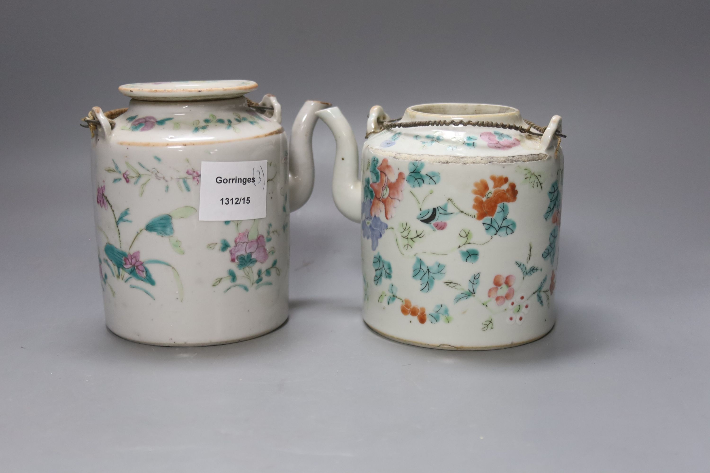 Three 19th century Chinese famille rose teapots, tallest 14cm